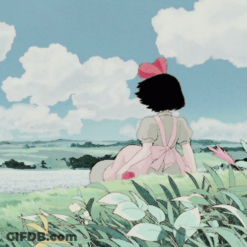Girl In Pink Dress Sitting In Field By Water GIF