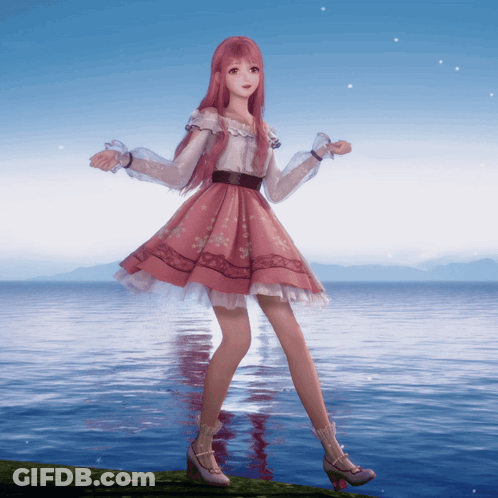Girl In Pink Dress Standing By Water GIF