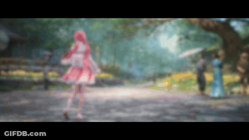 Girl In Pink Dress Walking Down Path GIF