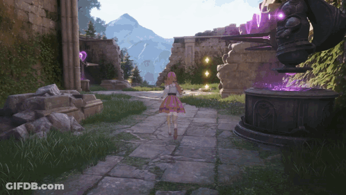 Girl In Pink Dress Walking Down Stone Walkway GIF