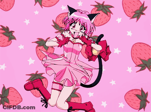 Girl In Pink Dress With Cat Ears Surrounded By Strawberries And Stars GIF