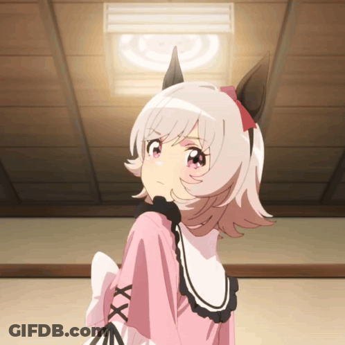 Girl In Pink Dress With Red Bow Looking Up GIF