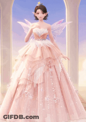 Girl In Pink Dress With Wings Standing In Front Of Window GIF
