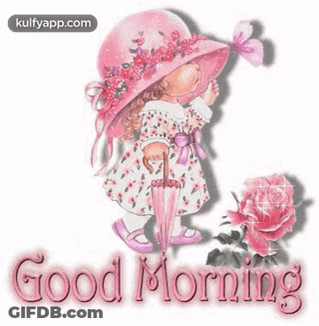 Girl In Pink Hat And Dress Holding Umbrella And Rose GIF