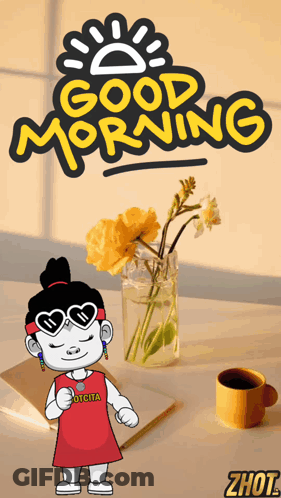Girl In Pink Hat Holding Umbrella And Rose Saying Good Morning GIF