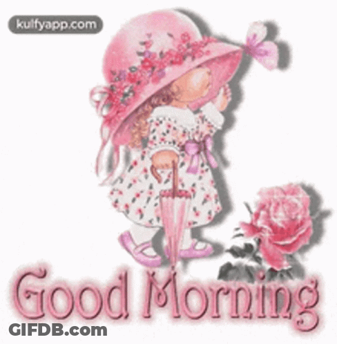 Girl In Pink Hat Holding Umbrella And Rose Saying Good Morning GIF