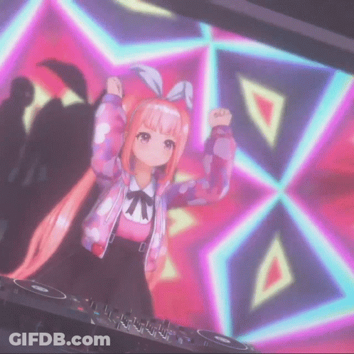 Girl In Pink Jacket Behind DJ Mixer GIF