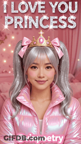 Girl In Pink Jacket With Crown Saying I Love You Princess GIF