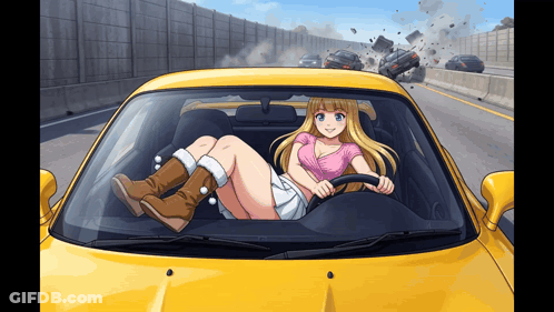 Girl In Pink Shirt Driving Yellow Car On Highway GIF
