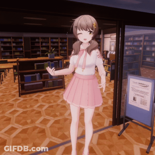 Girl In Pink Skirt Standing In Front Of Sign Saying A GIF