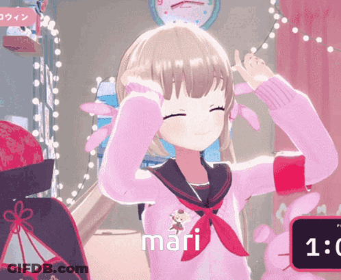 Girl In Pink Sweater And Red Tie Saying Mari GIF