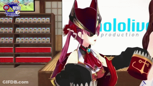 Girl In Pirate Outfit In Front Of Hololive Production Sign GIF