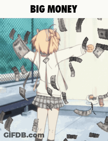 Girl In Plaid Skirt Surrounded By Money Saying Big Money GIF