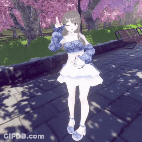 Girl In Plaid Top And White Skirt Giving Peace Sign GIF