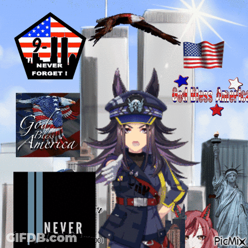 Girl In Police Uniform In Front Of Statue Of Liberty GIF