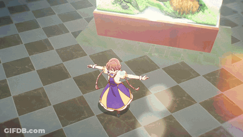 Girl In Purple And Yellow Dress On Checkered Floor GIF