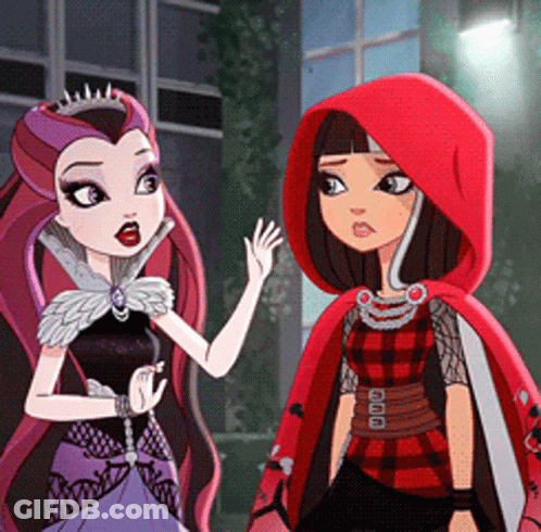 Girl In Purple Dress And Girl In Red Cape Standing Together GIF