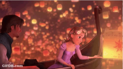Girl In Purple Dress Sitting In Boat With Man And Lanterns GIF