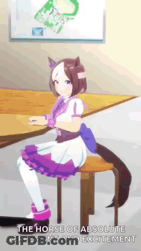 Girl In Purple Dress Sitting With Horse Tail GIF