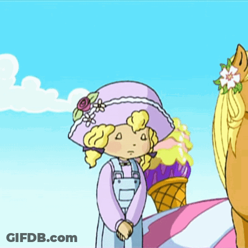 Girl In Purple Hat And Overalls Next To Horse GIF