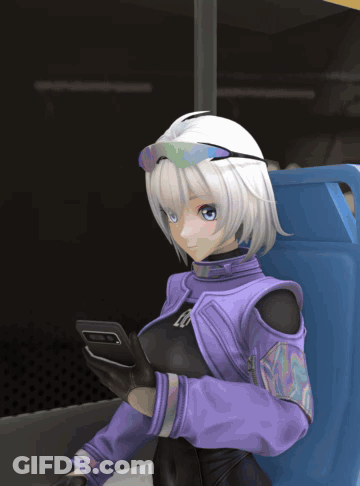 Girl In Purple Jacket Holding Phone GIF