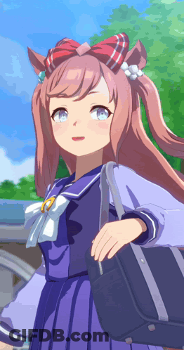 Girl In Purple School Uniform Holding Black Purse GIF