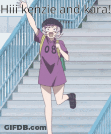 Girl In Purple Shirt Number 08 Running Down Stairs GIF