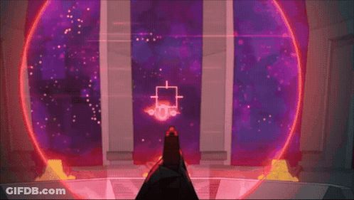 Girl In Purple Suit In Front Of Purple Square GIF