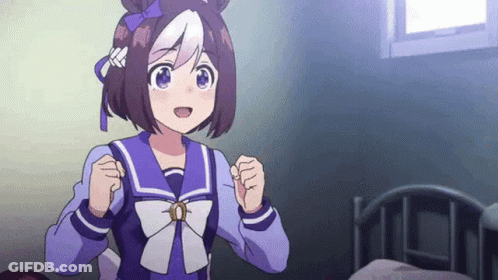 Girl In Purple Uniform Raising Fist By Bed GIF