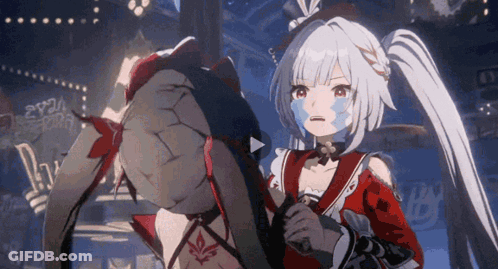 Girl In Red And White Outfit Standing Next To Monster In Video Game GIF
