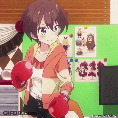 Girl In Red Boxing Gloves In Front Of Poster Wall GIF