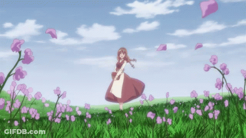Girl In Red Dress Among Pink Flowers GIF