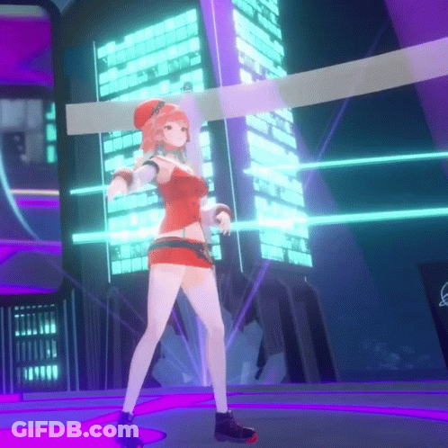 Girl In Red Dress Dancing On Video Game Stage GIF