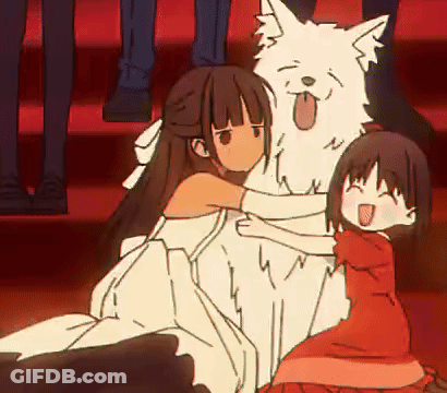 Girl In Red Dress Hugging White Dog GIF