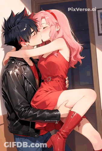 Girl In Red Dress Kisses Man In Black Jacket GIF