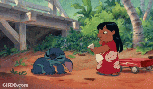 Girl In Red Dress Next To Blue Stitch GIF