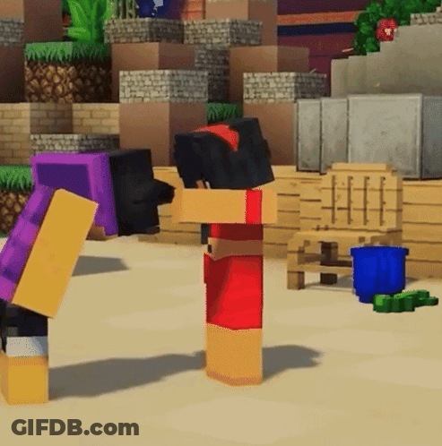 Girl In Red Dress Next To Boy In Purple Shirt GIF