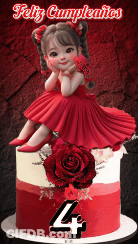 Girl In Red Dress On Birthday Cake GIF