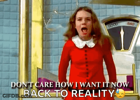 Girl In Red Dress Standing On Scale Saying Don't Care How I Want It Now GIF