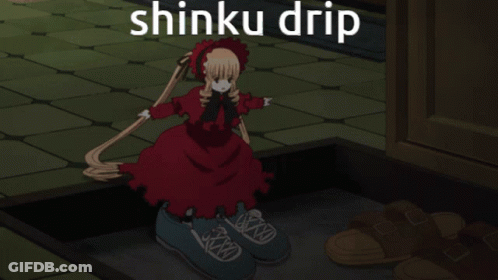 Girl In Red Dress Standing On Shoes Shinku Drip GIF