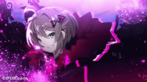 Girl In Red Dress With Flowers On Purple Background GIF