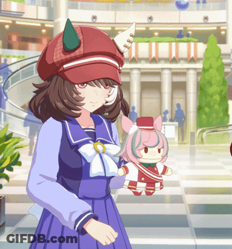 Girl In Red Hat Holding Stuffed Animal GIF