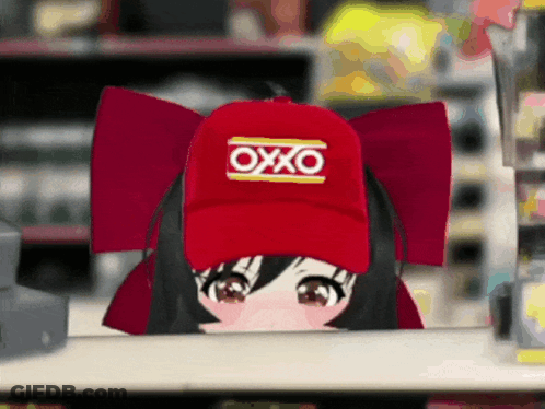 Girl In Red OXXO Hat Peeking Over Counter GIF
