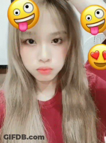 Girl In Red Shirt With Three Emojis On Face GIF