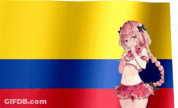 Girl In Red Skirt By Yellow Blue Red Flag GIF
