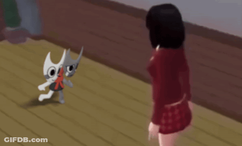 Girl In Red Skirt Next To Two Cartoon Characters GIF