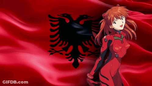 Girl In Red Suit In Front Of Red Flag With Eagle GIF