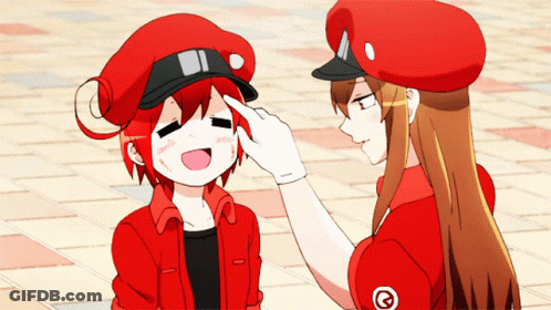 Girl In Red Touching Another Girl's Hat GIF