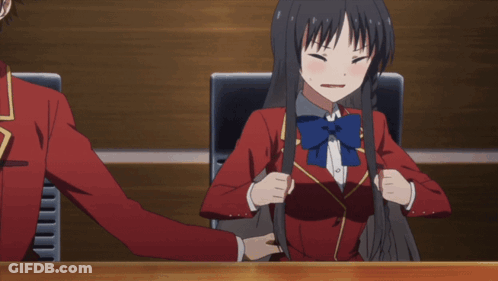 Girl In Red Uniform With Blue Bow Touched By Man GIF