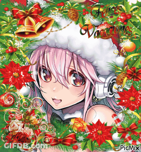 Girl In Santa Hat And Headphones Surrounded By Christmas Decorations GIF